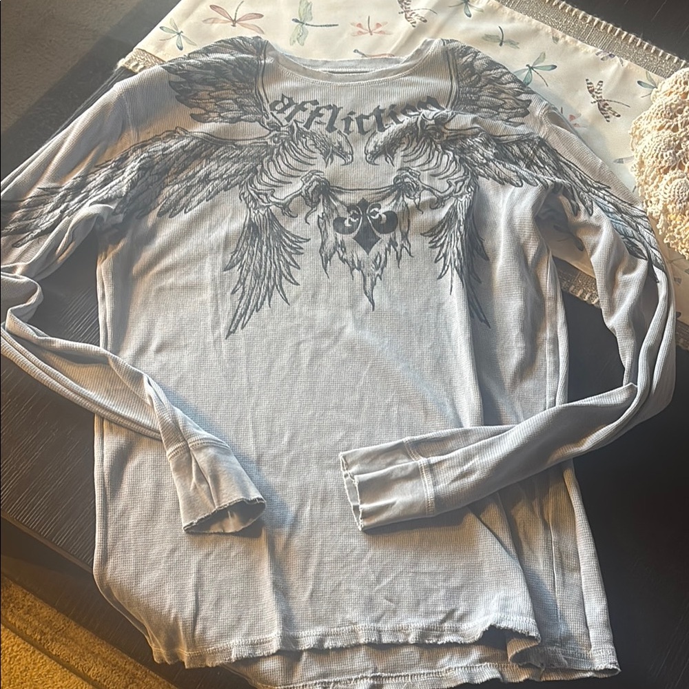 Affliction Gray Long Sleeve Thermal with Intricate Wing Design